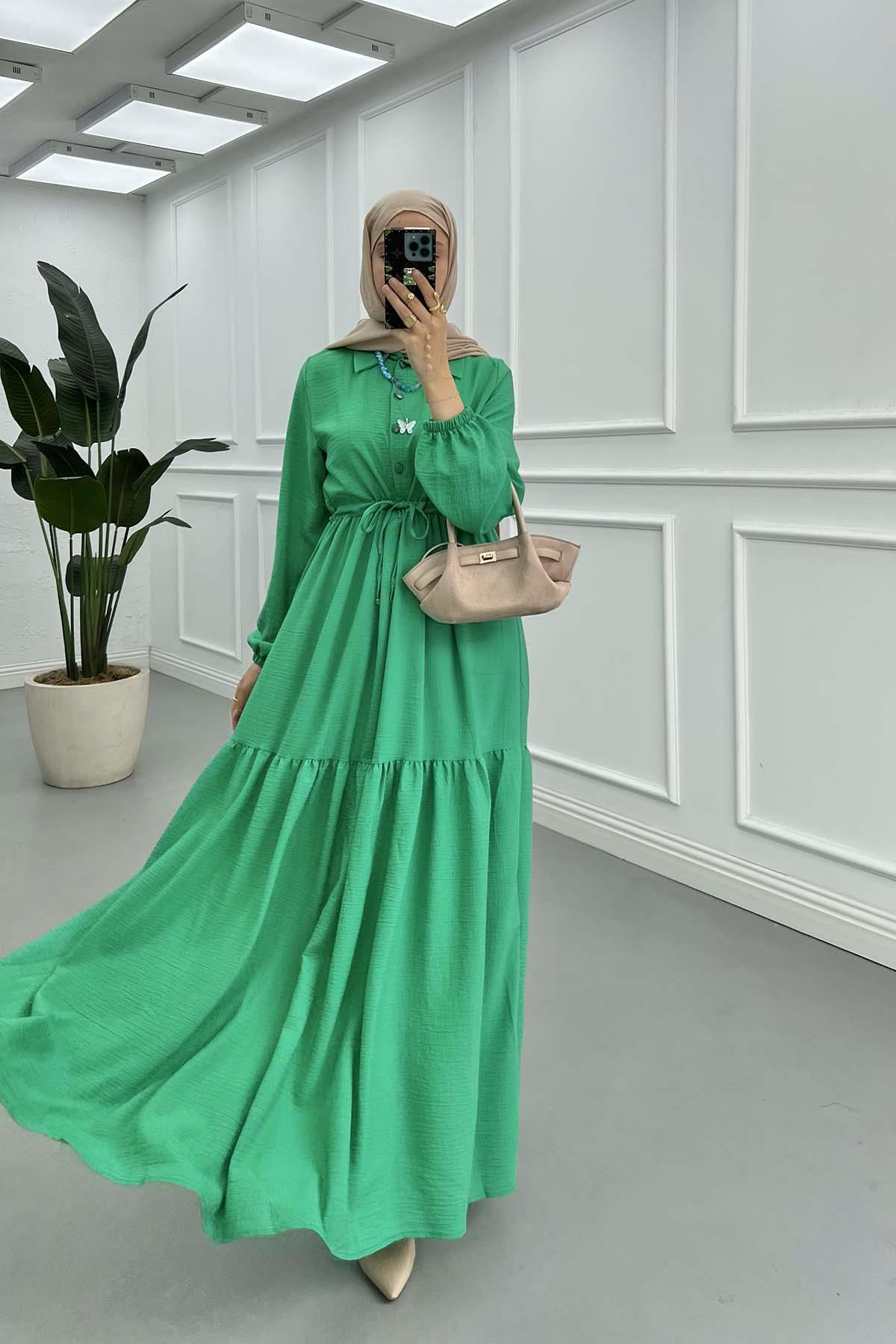Sare Fashion Waist Pleated Dress Green