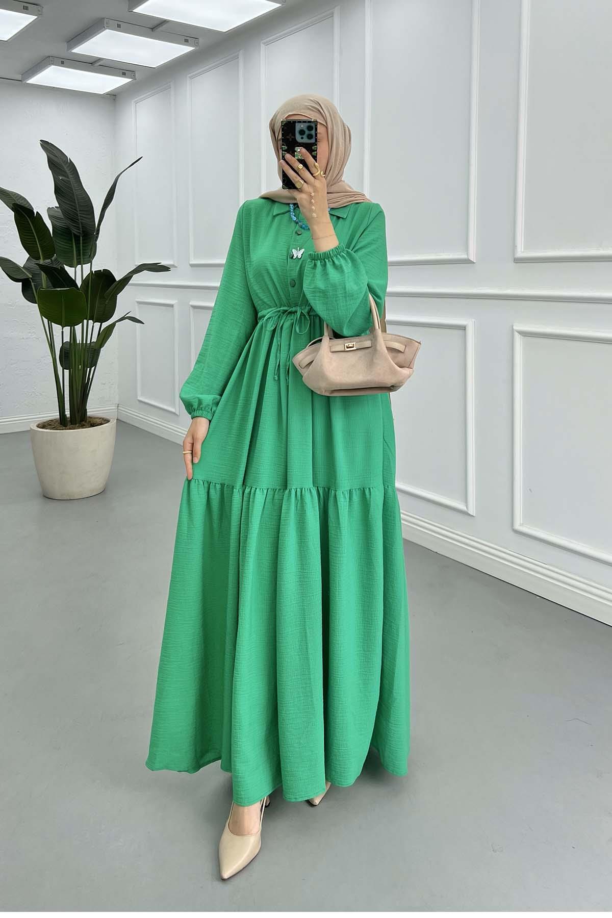 Sare Fashion Waist Pleated Dress Green
