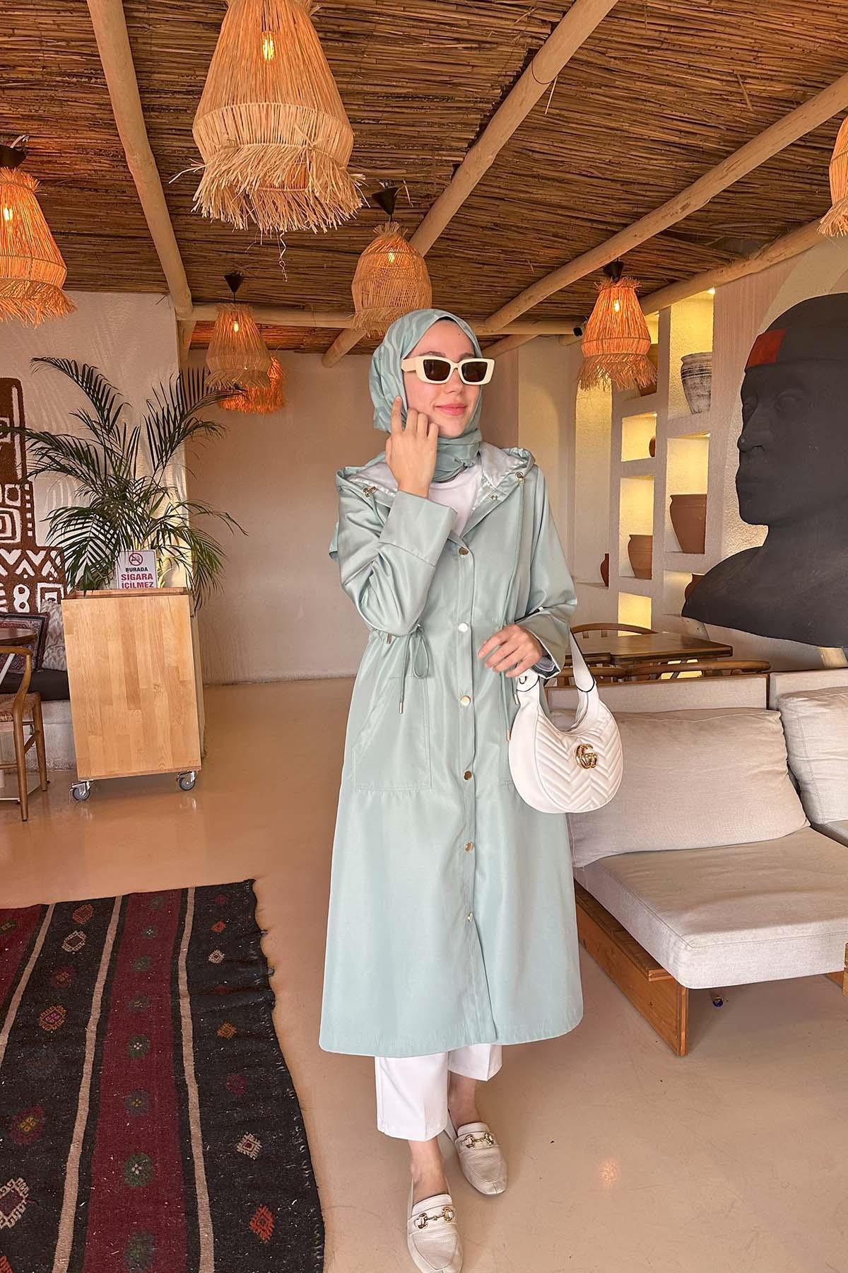 Sare Fashion Waist Drawstring Hooded Lined Raincoat Aqua Green