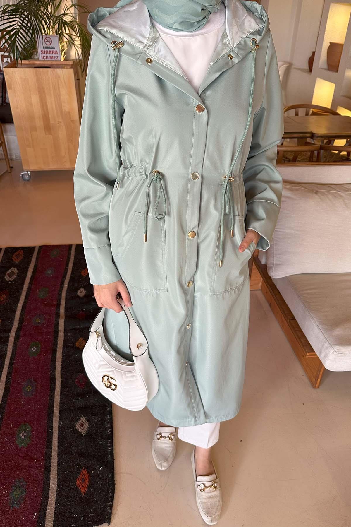 Sare Fashion Waist Drawstring Hooded Lined Raincoat Aqua Green Sare Fashion Waist Drawstring Hooded Lined Raincoat Aqua Green