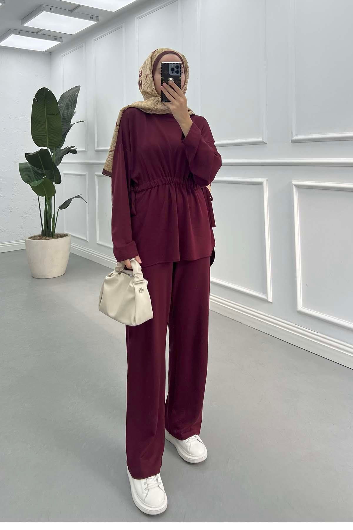 Sare Fashion Oysh Suit Burgundy with Waist Pleats