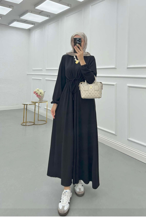 Sare Fashion Gathered Waist Cotton Dress Black