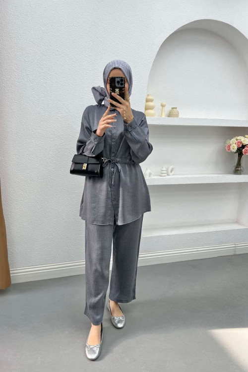 Waist Pleated Glittery Suit Gray