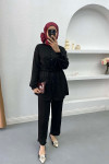 Waist Pleated Glittery Suit Black