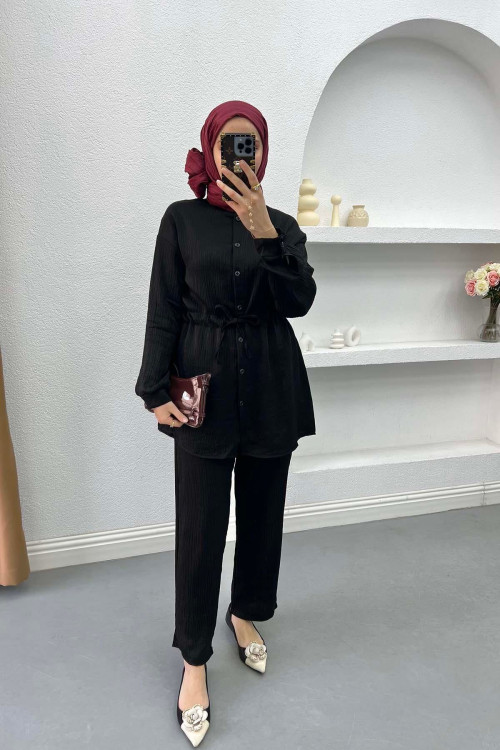 Waist Pleated Glittery Suit Black