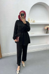 Waist Pleated Glittery Suit Black