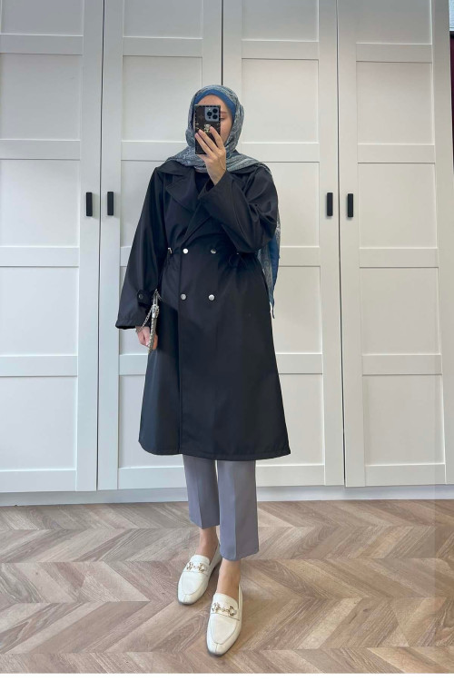 Sare Fashion Waist Gathered Trench Coat Black