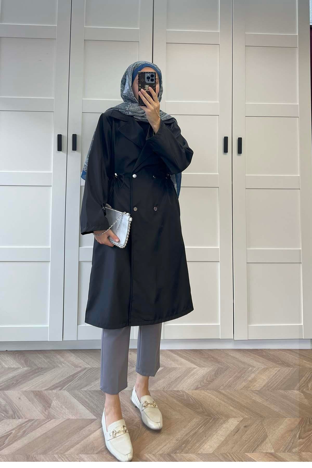 Sare Fashion Waist Gathered Trench Coat Black