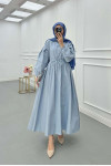 Sare Fashion Half Button Dress with Waist Gathering Baby Blue