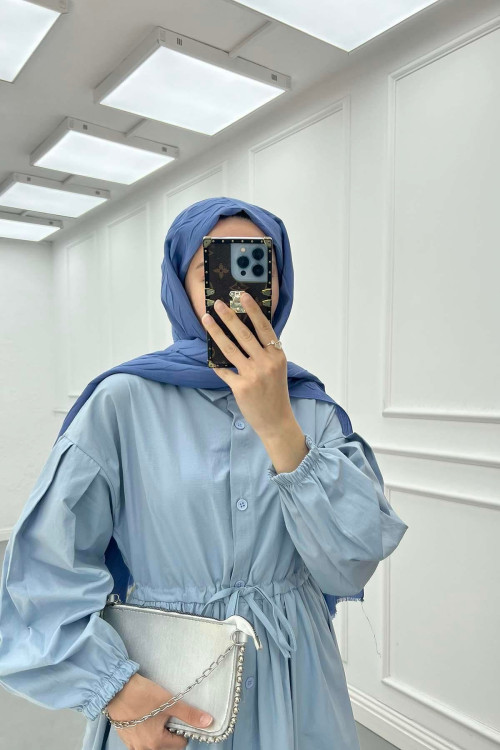 Sare Fashion Half Button Dress with Waist Gathering Baby Blue