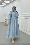Sare Fashion Half Button Dress with Waist Gathering Baby Blue