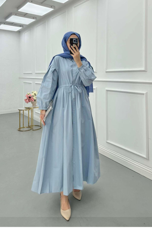 Sare Fashion Half Button Dress with Waist Gathering Baby Blue