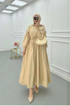 Sare Fashion Half Button Dress with Waist Gather Beige