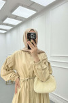 Sare Fashion Half Button Dress with Waist Gather Beige