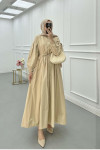 Sare Fashion Half Button Dress with Waist Gather Beige