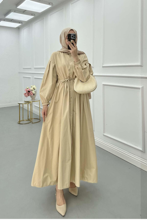 Sare Fashion Half Button Dress with Waist Gather Beige