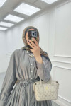 Sare Fashion Half Button Dress with Waist Gathering Gray