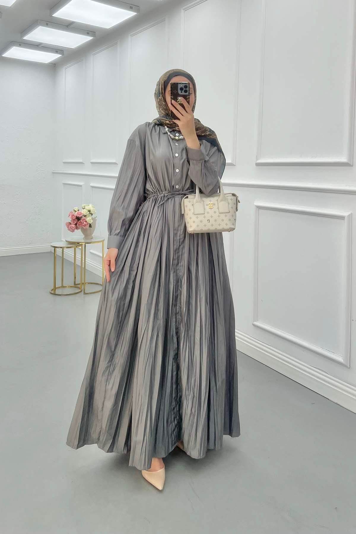 Sare Fashion Half Button Dress with Waist Gathering Gray