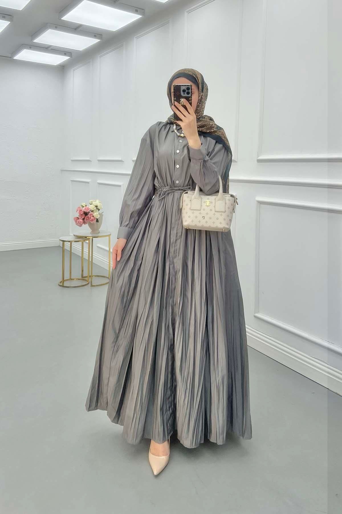 Sare Fashion Half Button Dress with Waist Gathering Gray