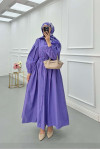 Sare Fashion Half Button Dress with Waist Gathering Purple