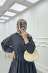 Sare Fashion Half Button Dress with Waist Gathering Black