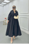 Sare Fashion Half Button Dress with Waist Gathering Black