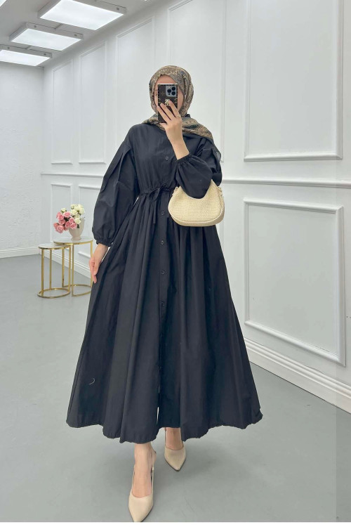 Sare Fashion Half Button Dress with Waist Gathering Black