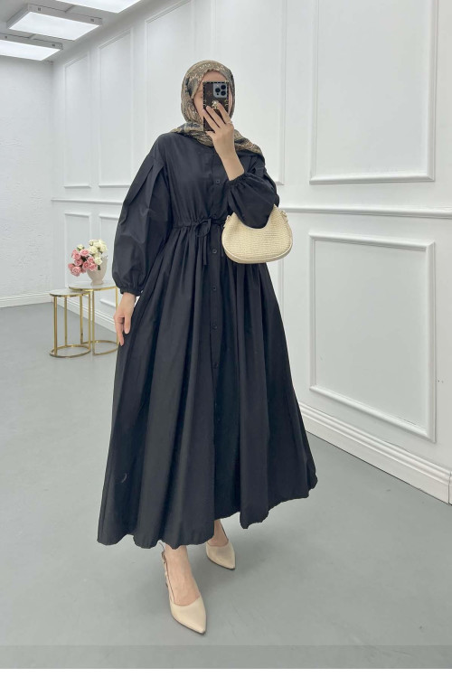 Sare Fashion Half Button Dress with Waist Gathering Black