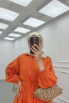 Sare Fashion Half Button Dress with Pleated Waist Orange