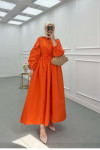 Sare Fashion Half Button Dress with Pleated Waist Orange