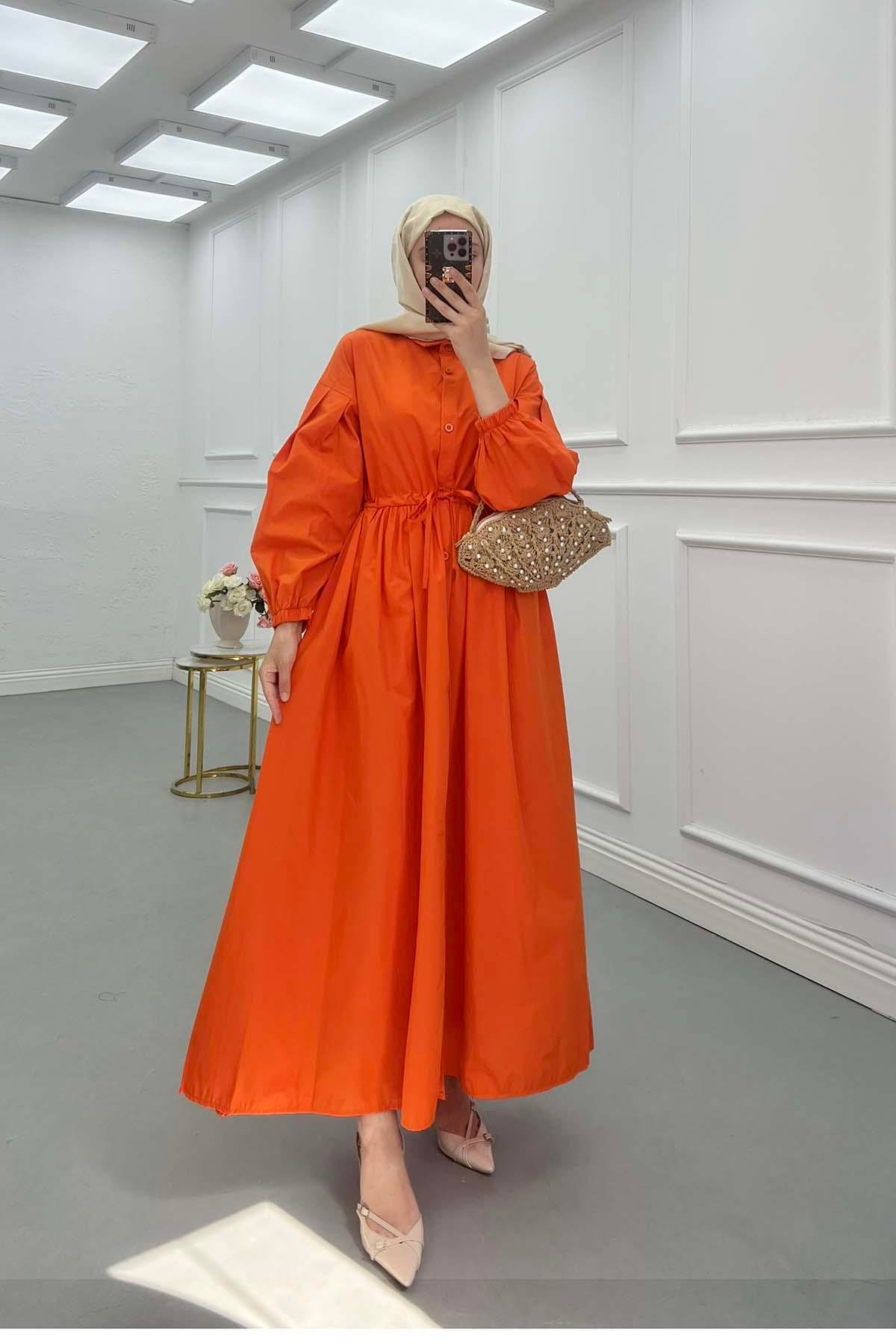 Sare Fashion Half Button Dress with Pleated Waist Orange