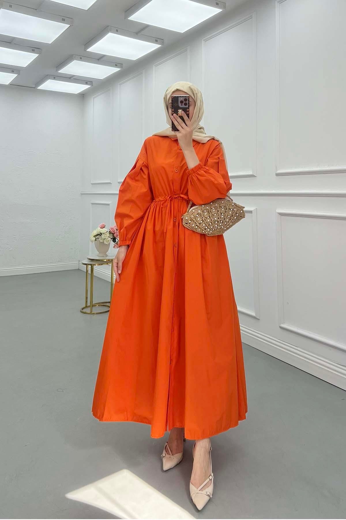 Sare Fashion Half Button Dress with Pleated Waist Orange