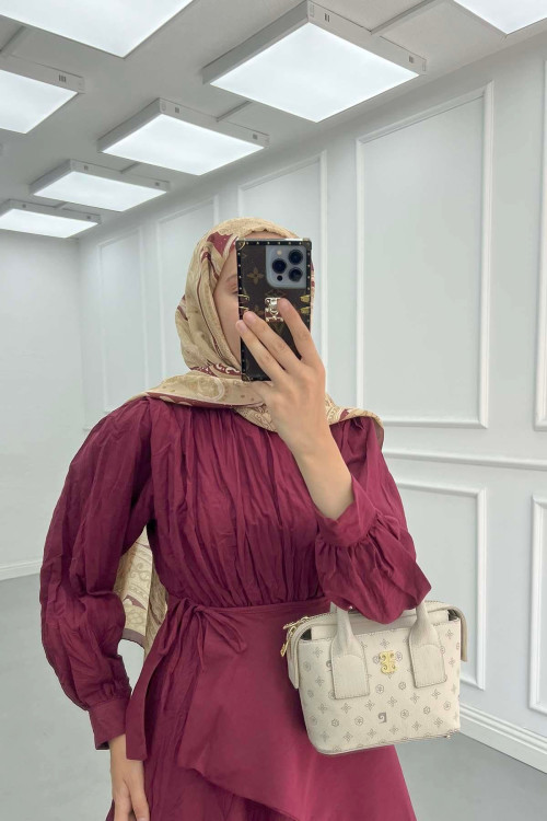 Sare Fashion Lined Krash Dress with Waist Detail, Burgundy