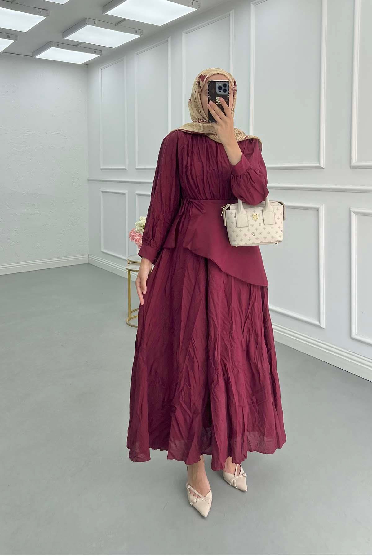 Sare Fashion Lined Krash Dress with Waist Detail, Burgundy
