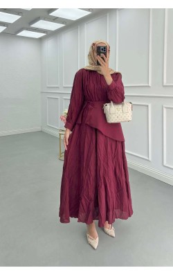 Sare Fashion Lined Krash Dress with Waist Detail, Burgundy