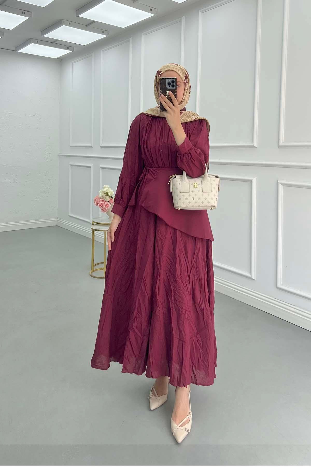 Sare Fashion Lined Krash Dress with Waist Detail, Burgundy