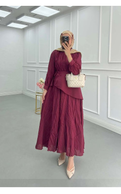 Sare Fashion Lined Krash Dress with Waist Detail, Burgundy