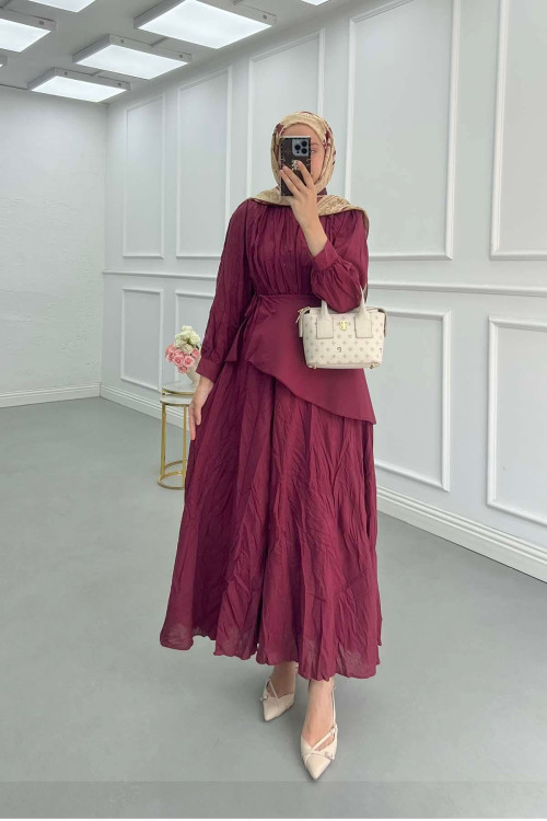 Sare Fashion Lined Krash Dress with Waist Detail, Burgundy