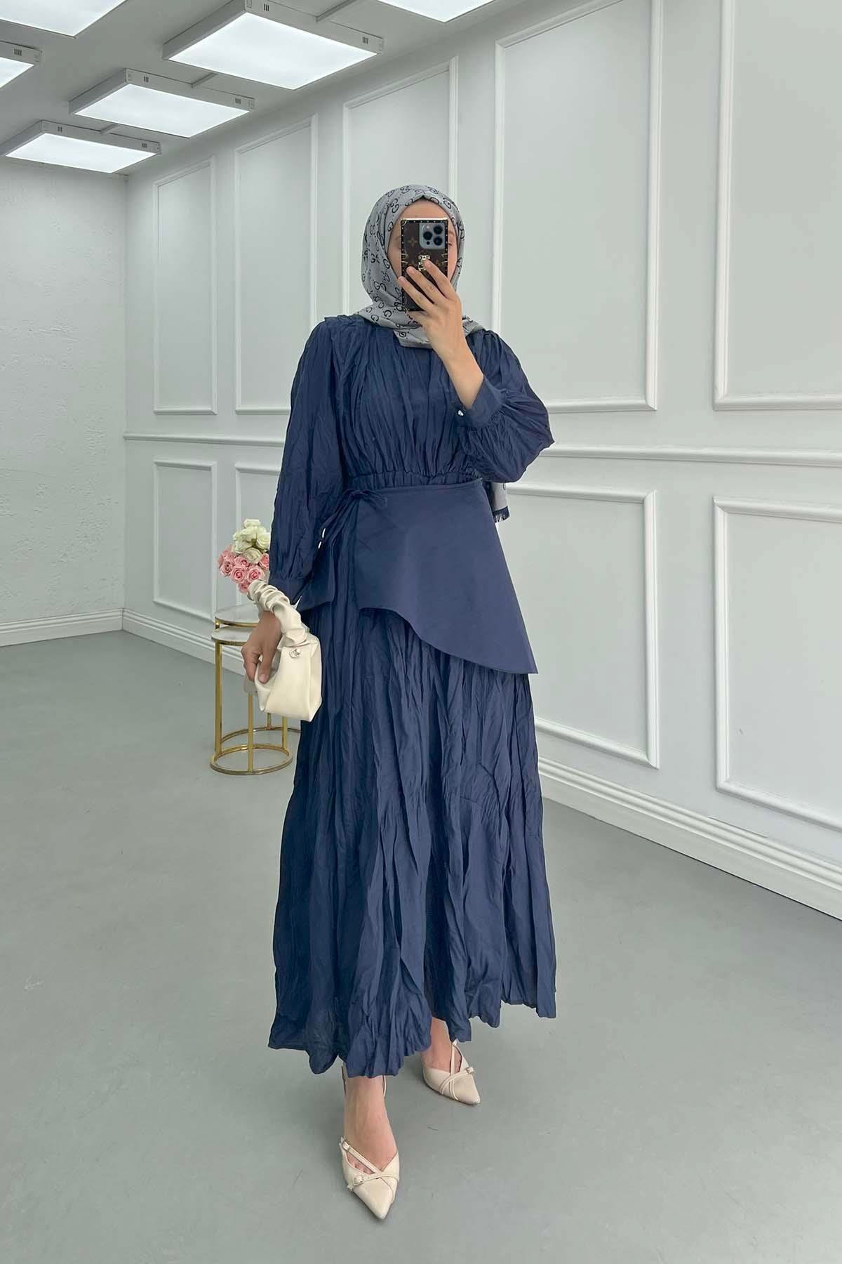 Sare Fashion Waist Detailed Lined Krash Dress Navy Blue