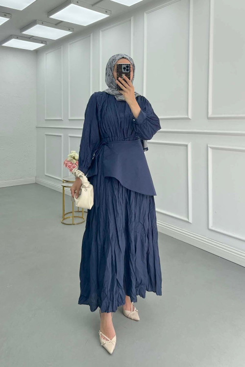 Sare Fashion Waist Detailed Lined Krash Dress Navy Blue