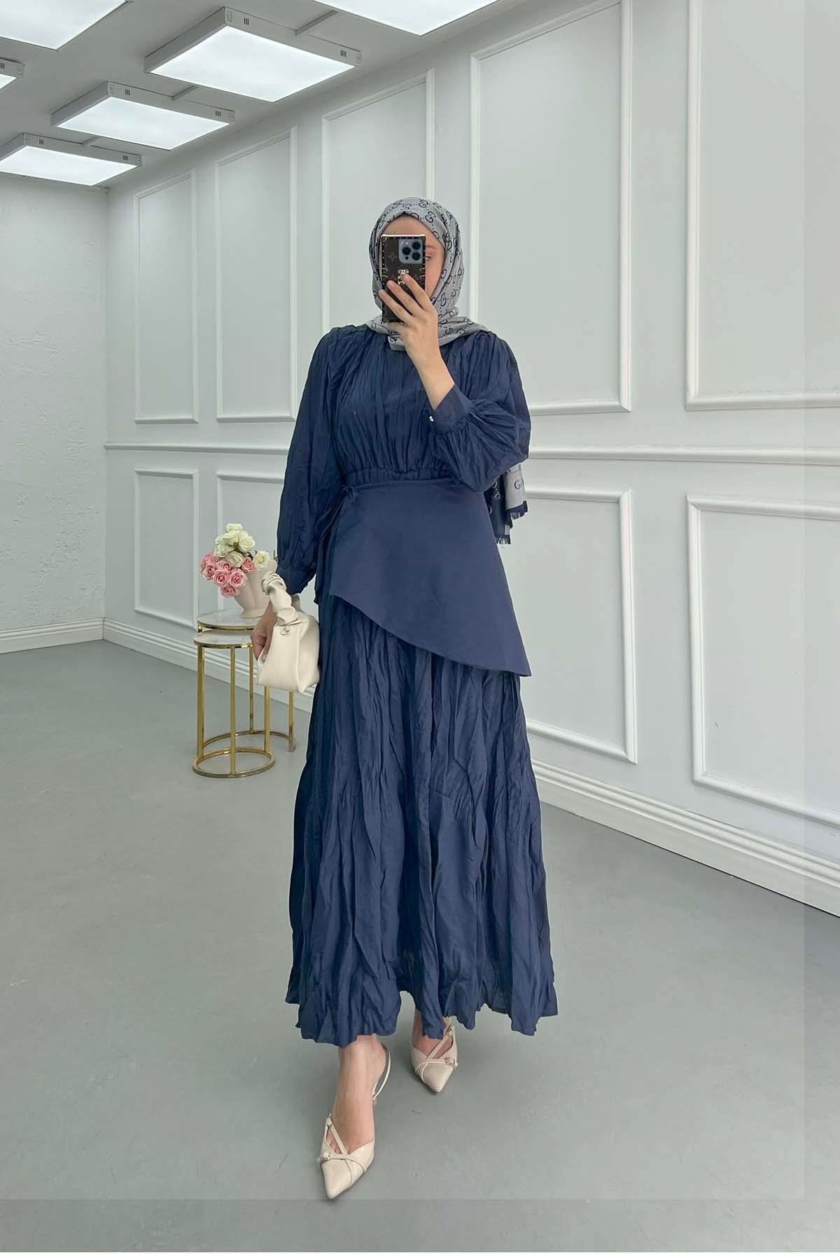 Sare Fashion Waist Detailed Lined Krash Dress Navy Blue