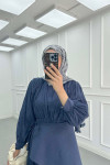 Sare Fashion Waist Detailed Lined Krash Dress Navy Blue