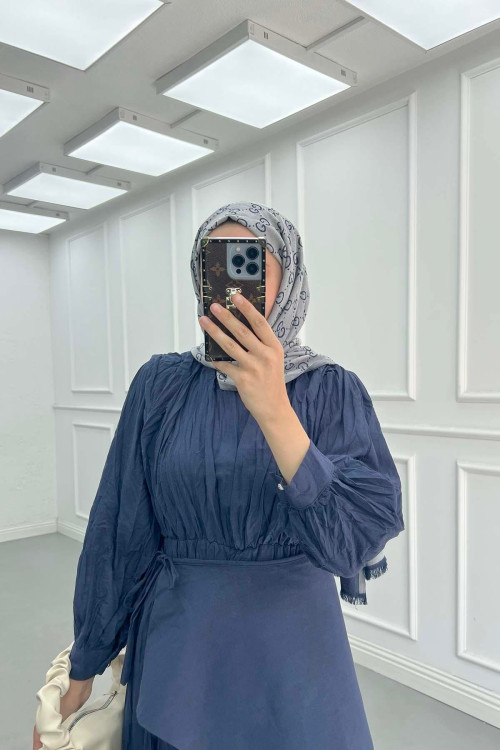 Sare Fashion Waist Detailed Lined Krash Dress Navy Blue