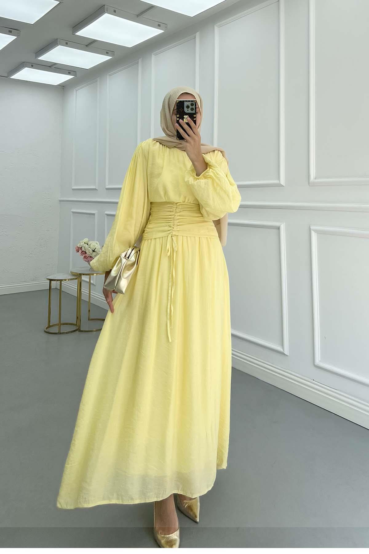 Sare Fashion Tulle Dress with Waist Detail (Lined) Yellow Sare Fashion Tulle Dress with Waist Detail (Lined) Yellow