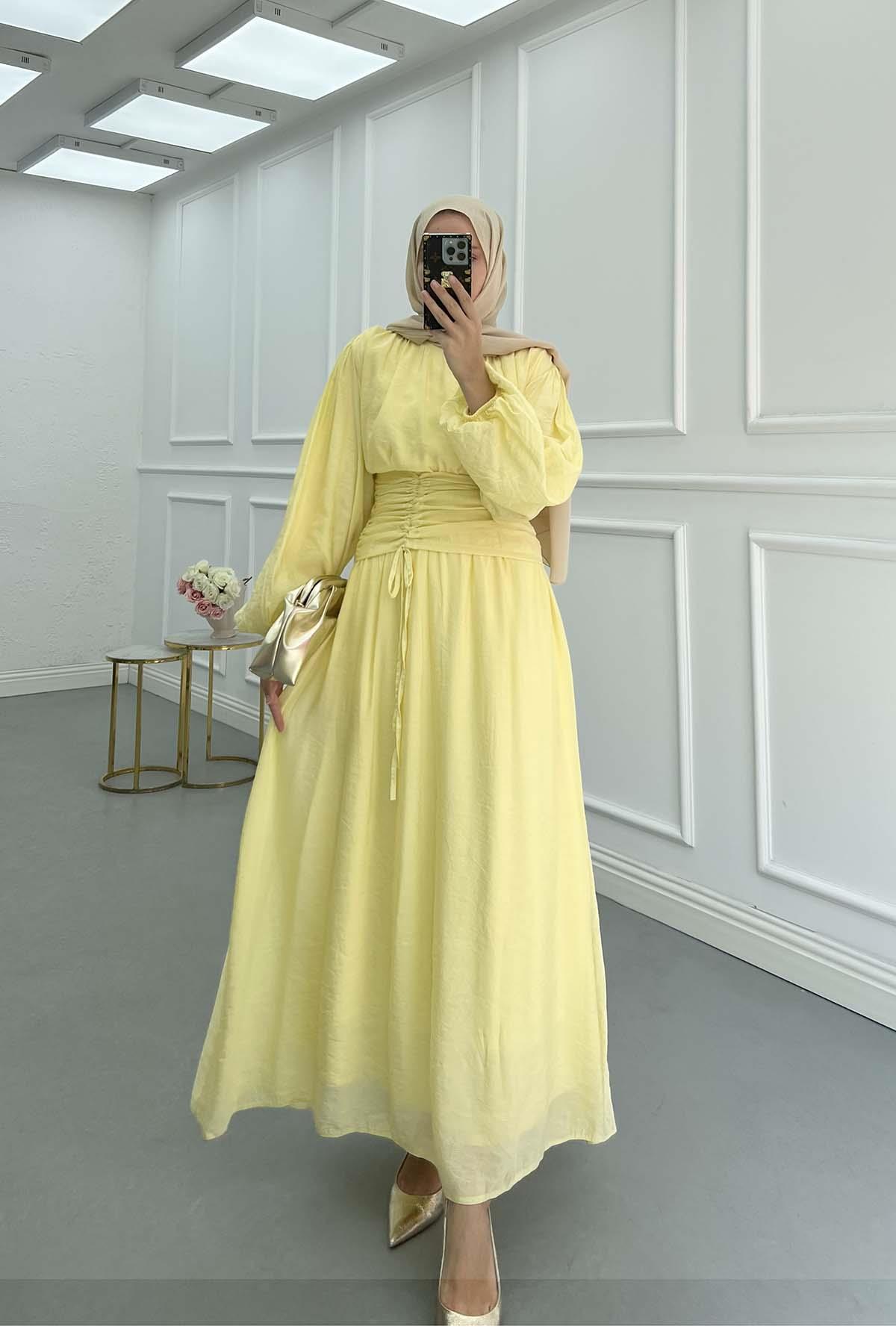 Sare Fashion Tulle Dress with Waist Detail (Lined) Yellow