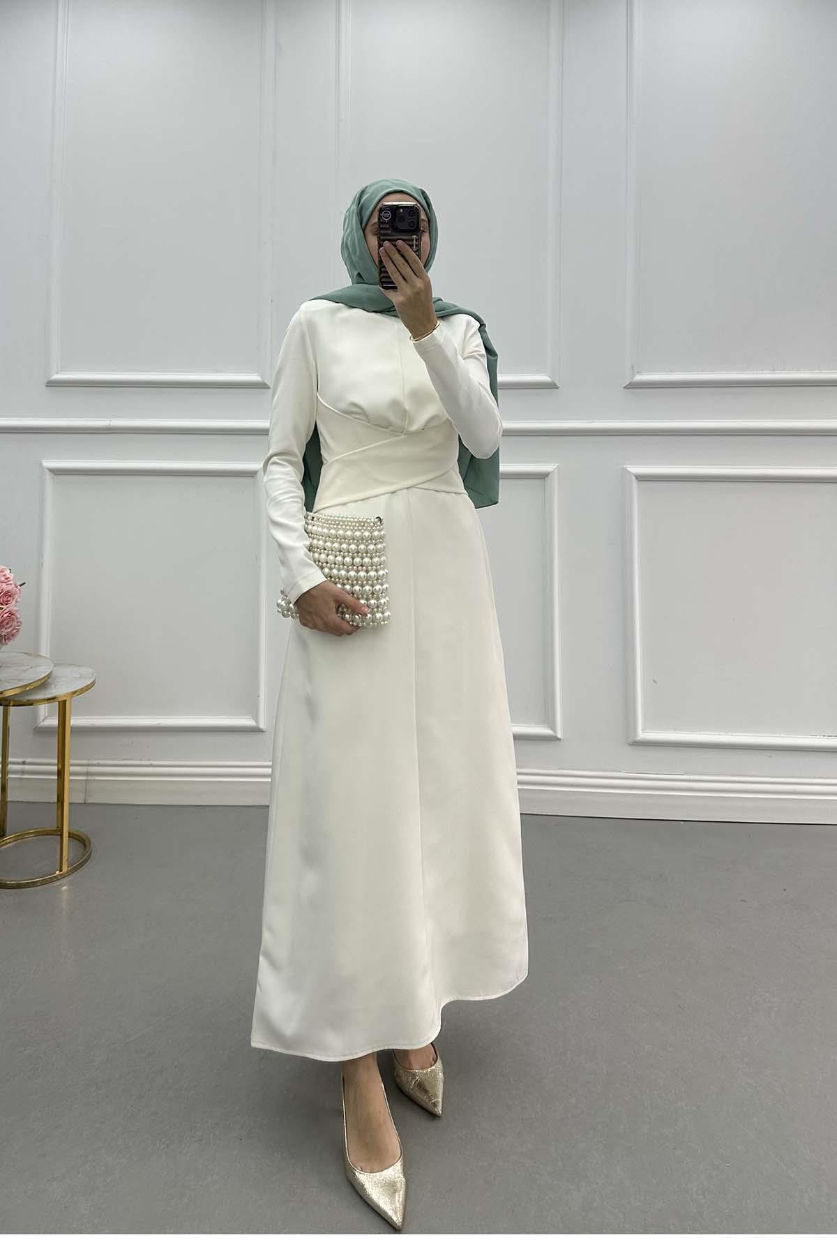 Sare Fashion Waist Detailed Crepe Dress White Sare Fashion Waist Detailed Crepe Dress White