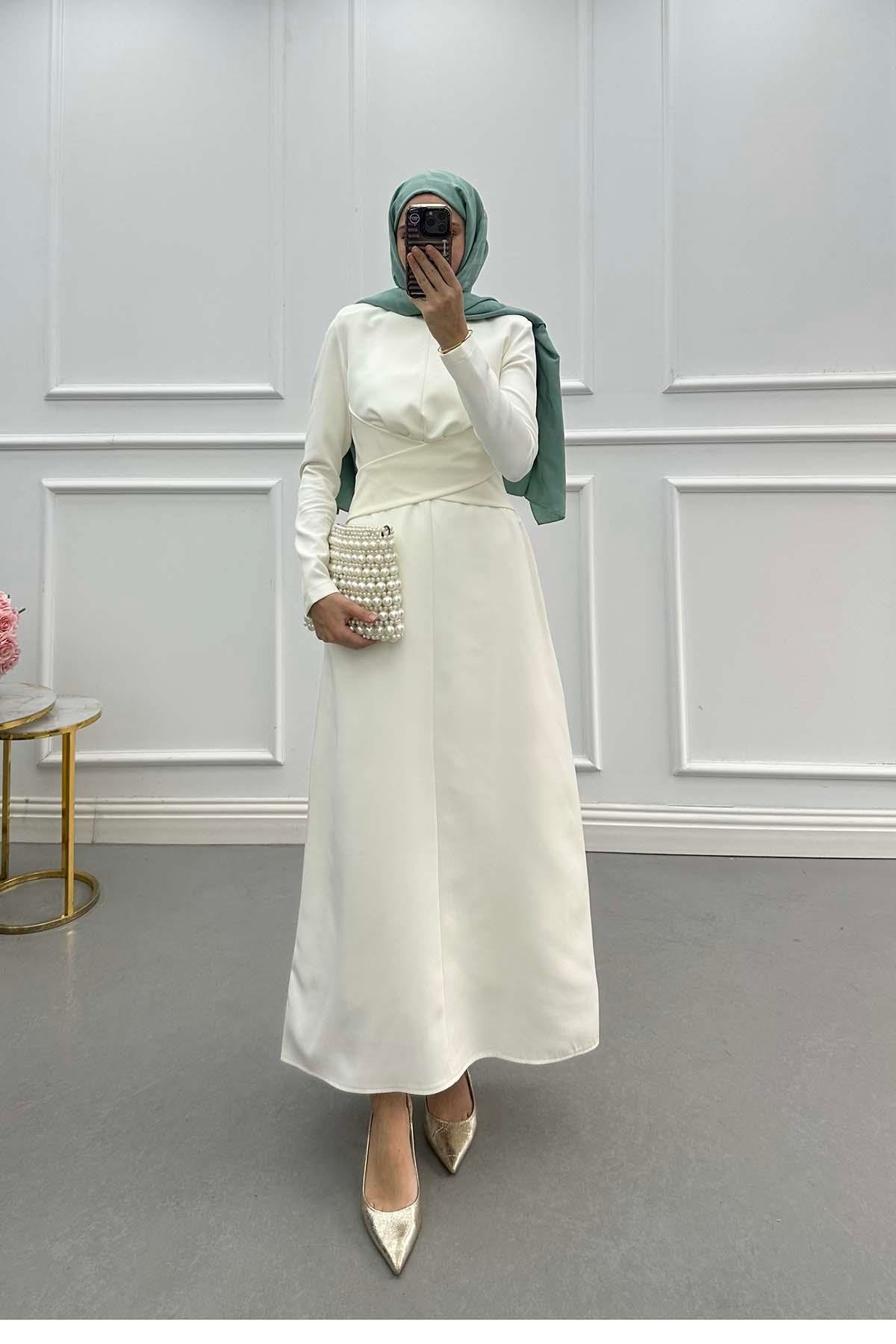 Sare Fashion Waist Detailed Crepe Dress White