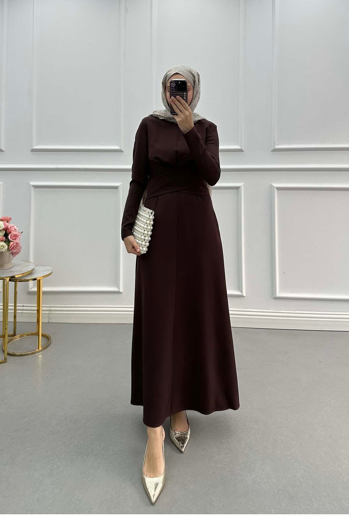 Sare Fashion Waist Detailed Crepe Dress Brown