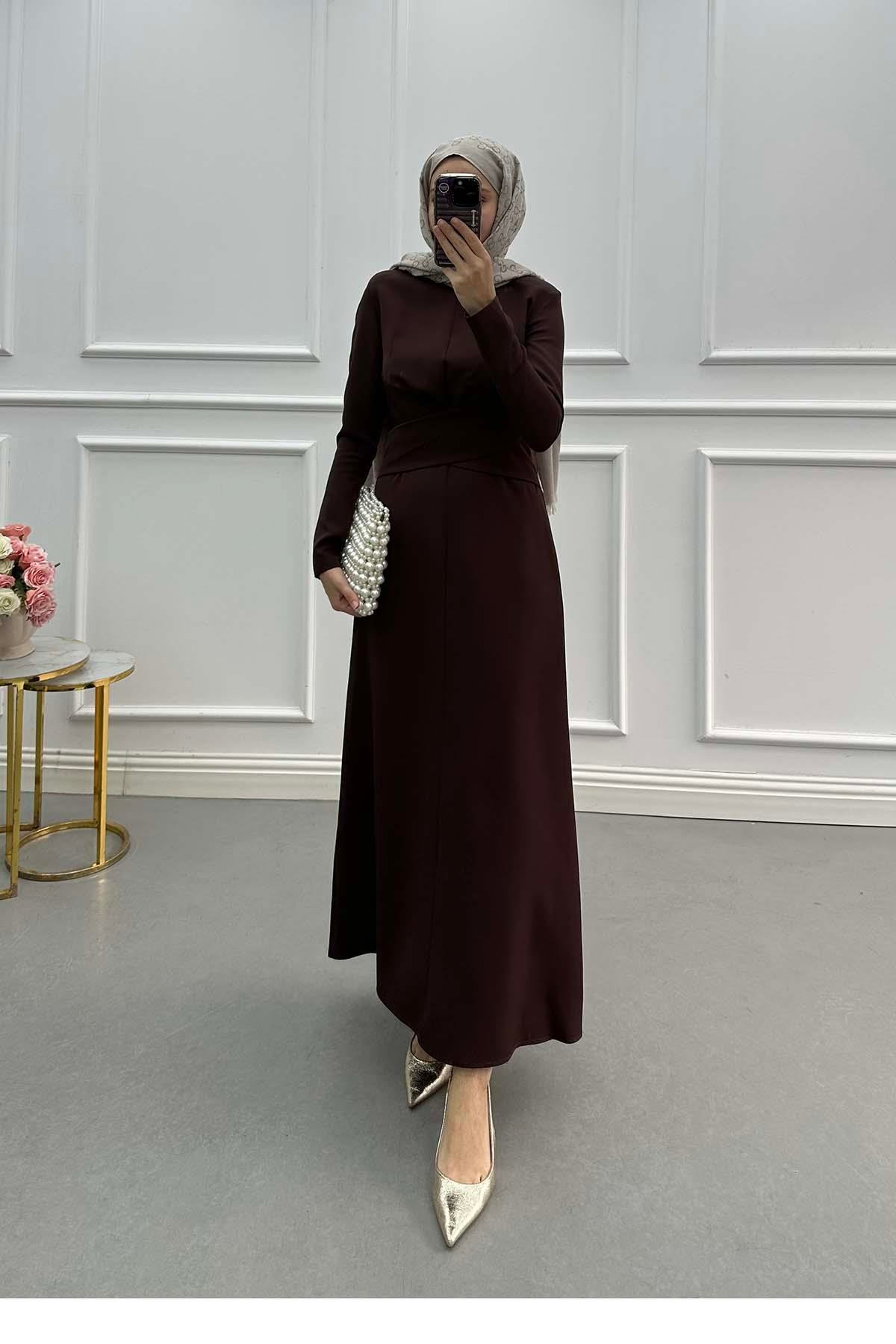 Sare Fashion Waist Detailed Crepe Dress Brown Sare Fashion Waist Detailed Crepe Dress Brown