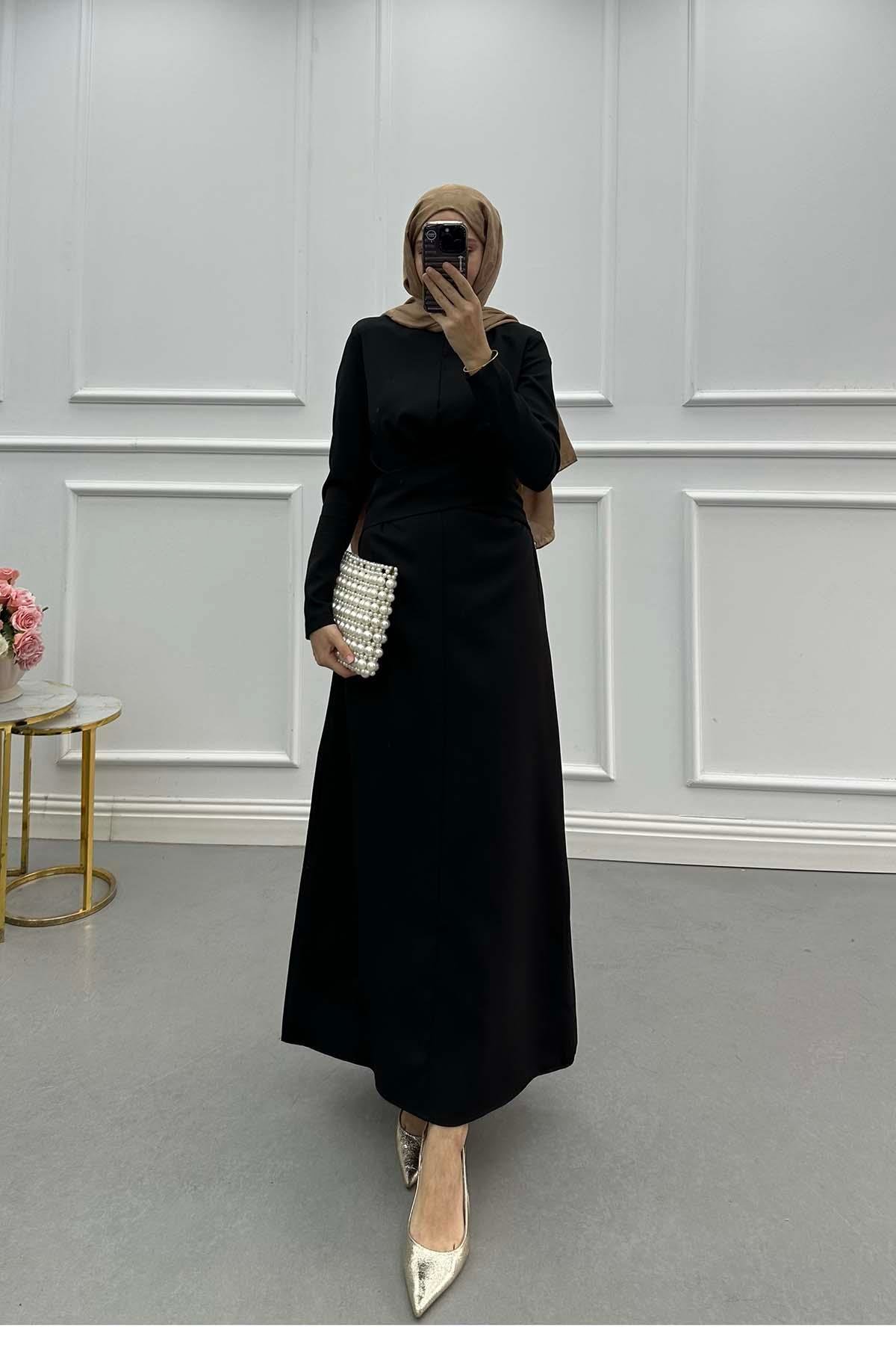 Sare Fashion Waist Detailed Crepe Dress Black